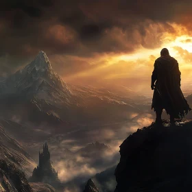 Cloaked Figure Overlooking Mountainous Landscape at Sunset