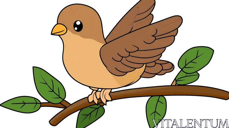 AI ART Cartoon Bird Perched on Tree Branch