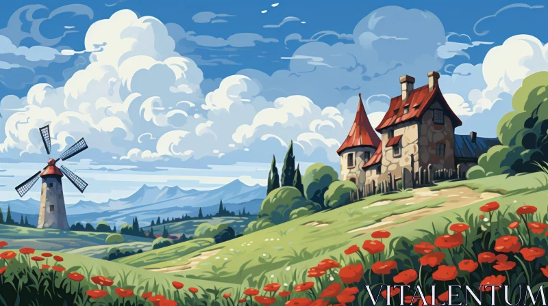 Charming Country Home and Windmill in a Poppy Field Landscape AI Image
