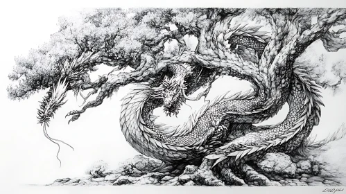 Monochrome Dragon Art on White Background