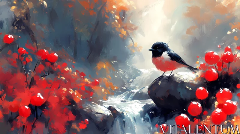 AI ART Serene Bird with Berries in Autumn