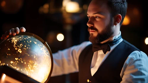 Man Contemplates Illuminated Globe