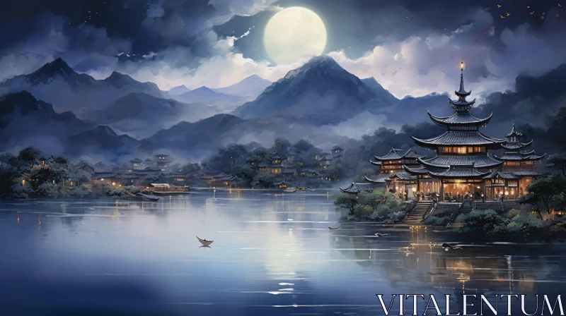 AI ART Tranquil Waterscape with Traditional Building