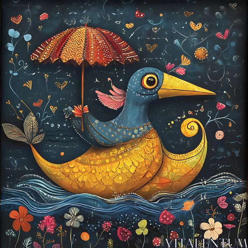 Duck with Umbrella in a Floral Fantasy AI Image