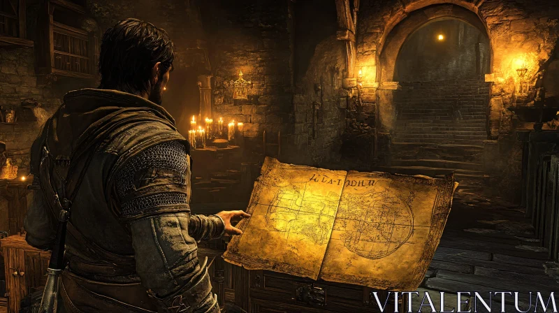Man Examining Old Map by Candlelight