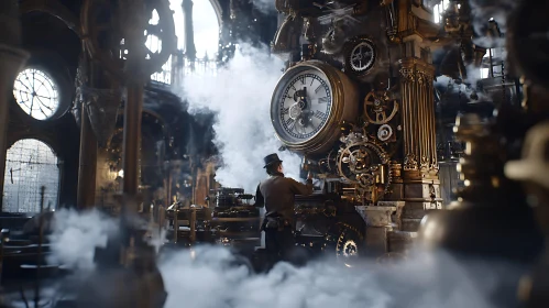 Man Working on Steampunk Time Machine