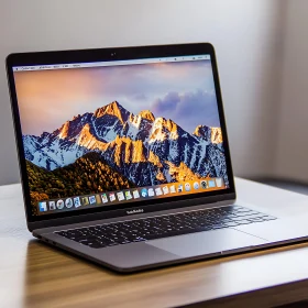 Laptop Displaying Sunset Mountain Scene