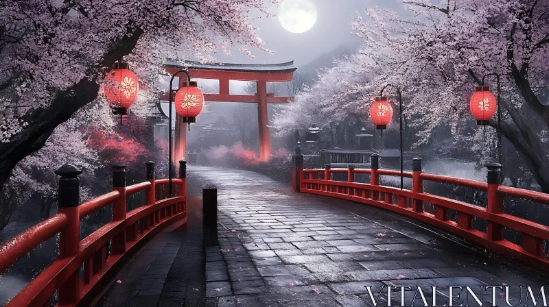 Cherry Blossoms and Lanterns at Night AI Image