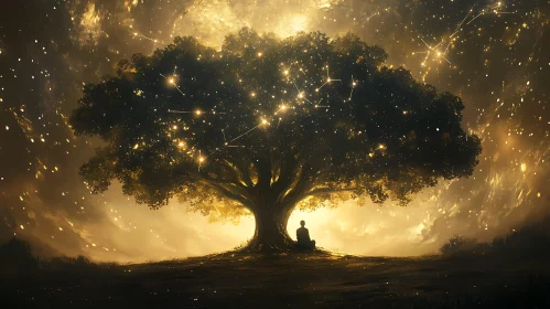 Starlit Tree with Meditating Figure