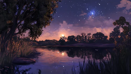 Night Lake Starry Sky Reflection