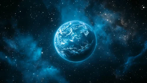 Azure Planet Amidst Starry Nebula