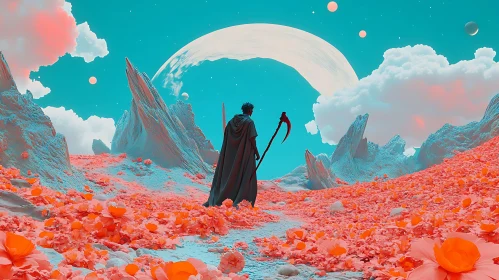 Cloaked Figure in Surreal Flower Field