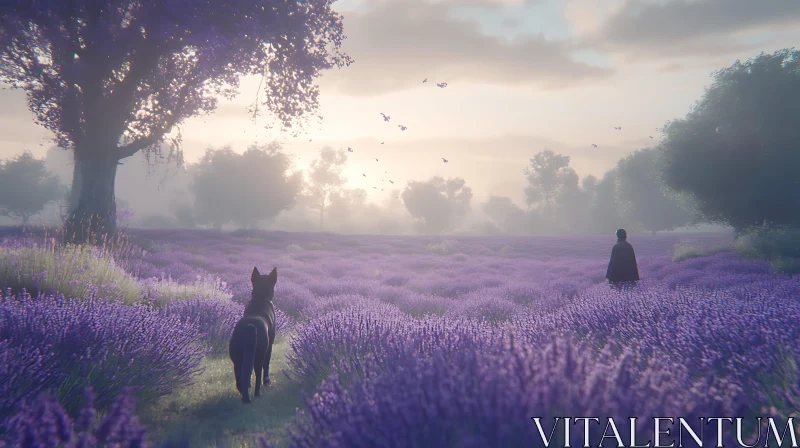 Misty Lavender Field with Dog and Figure