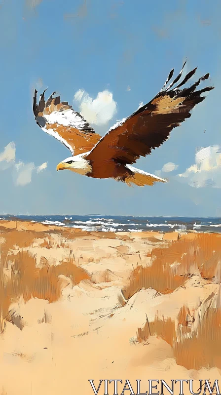 Eagle in Flight Over Beach