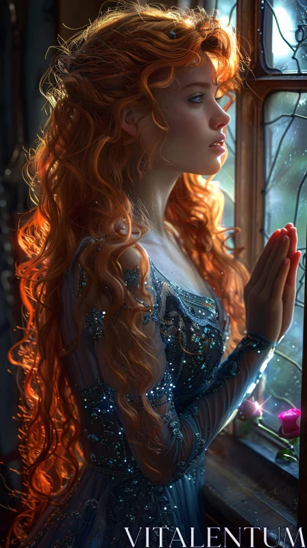 Red-Haired Beauty Gazing Out Window