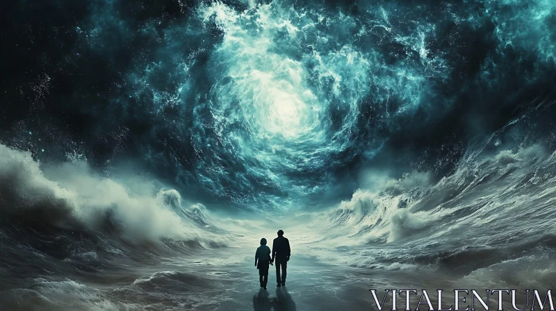 Swirling Ocean Storm with Two Figures