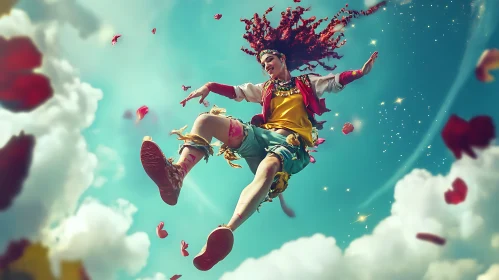 Woman Dancing in Sky With Flower Petals