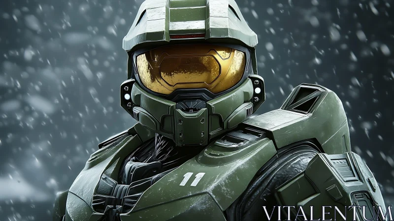 Green Armored Character in Snowfall