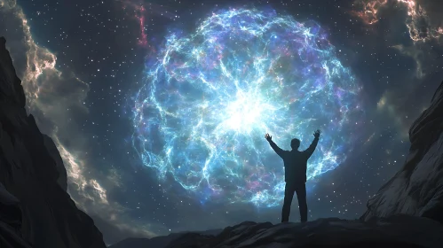 Man Silhouetted Against a Galactic Explosion