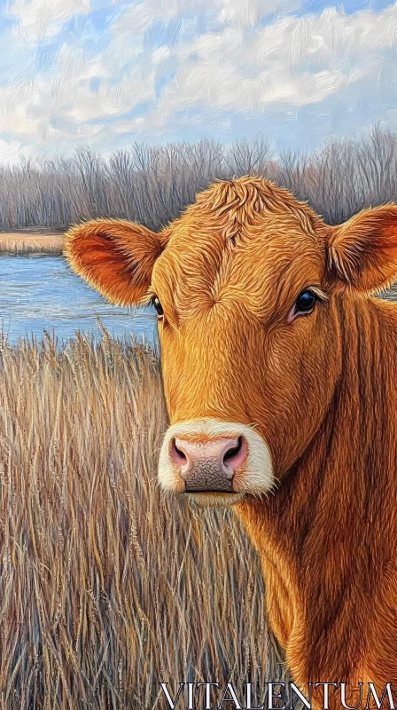 Cow in Tranquil Field AI Image