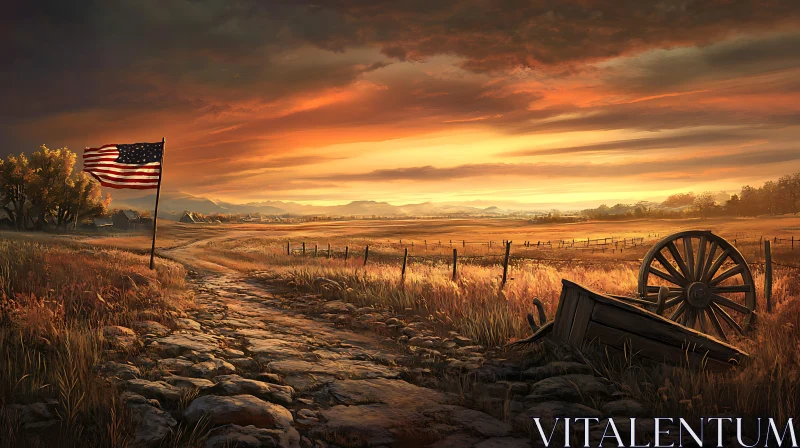 Rustic Sunset Landscape with American Flag