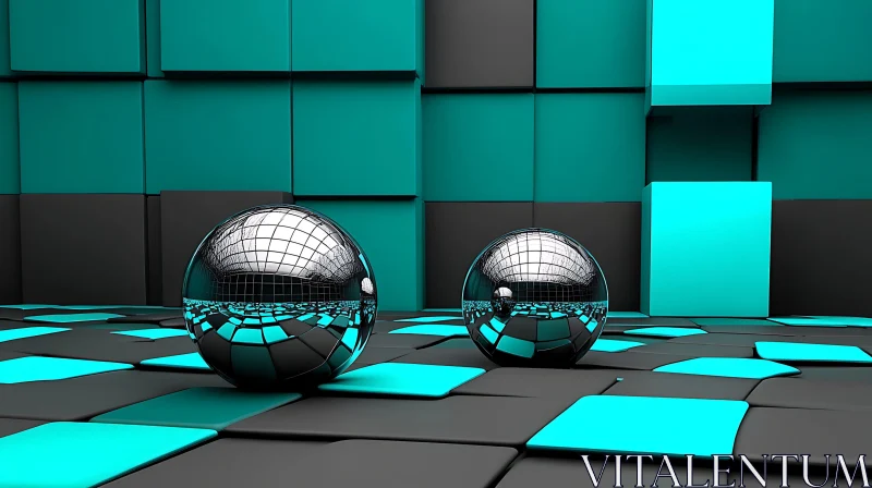 Chrome Spheres on Turquoise and Grey Blocks