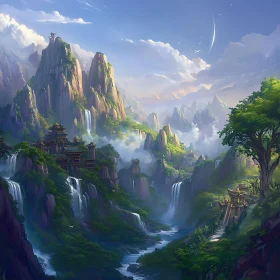 Serene Mountain Vista with Flowing Waterfalls