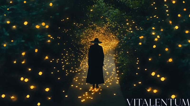 Silhouette Walking Among Fireflies