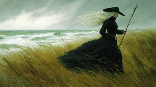 Seaside Woman in Black Dress Artwork