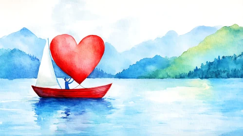 Red Heart Sailboat Watercolor Painting