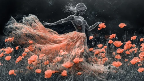 Wireframe Woman with Coral Poppies