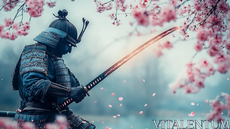 Warrior with Katana among Cherry Blossoms