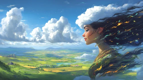 Woman with Cloud Hair Over Landscape