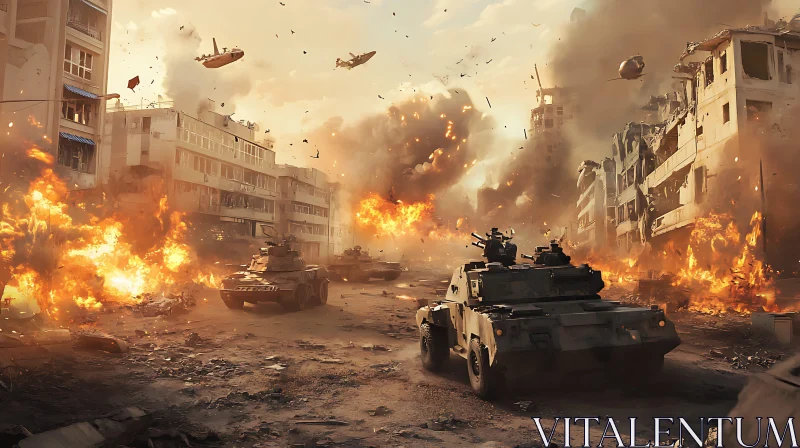 City Under Siege: Tanks and Explosions AI Image