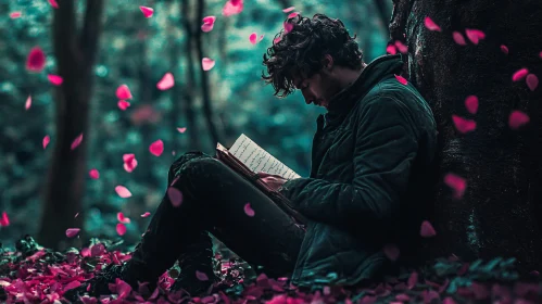 Forest Reader Amidst Falling Petals