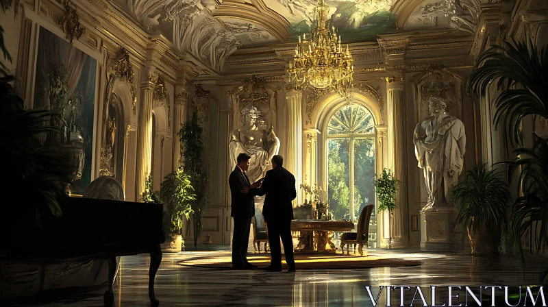 Opulent Room with Gilded Details and Two Men Conversing