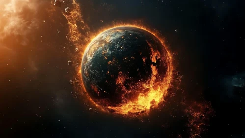 Burning Planet in Starry Space