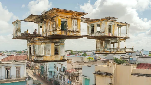 Surreal Floating Buildings Above City