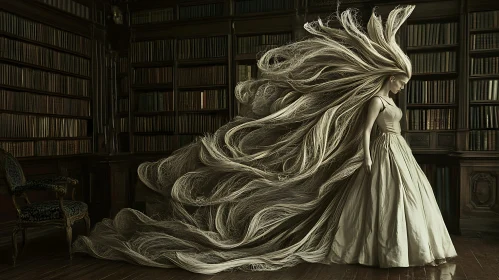 Lady with Flowing Hair in Old Library