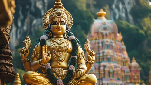 Gilded Deity Statue with Temple Backdrop