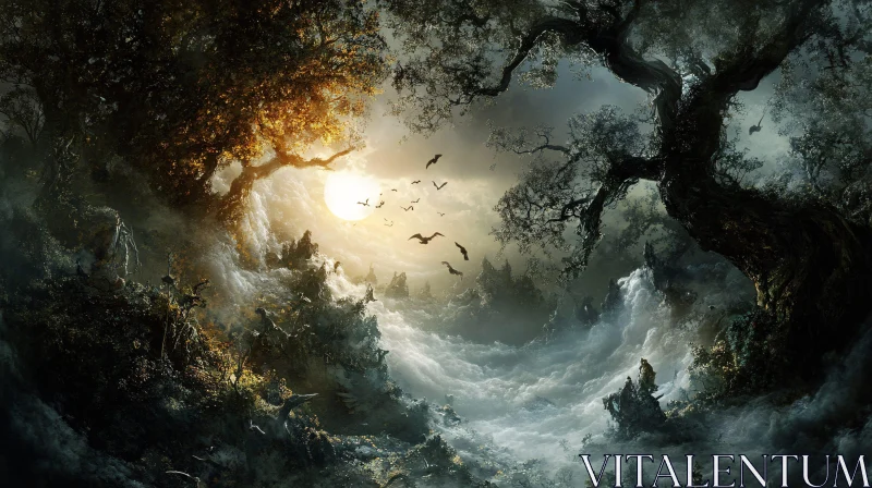Moonlit Forest Scene with Flying Bats