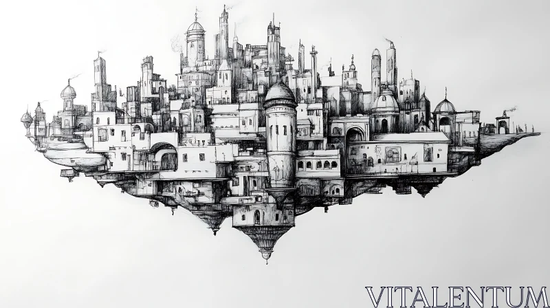 Monochrome Sky City Architectural Drawing
