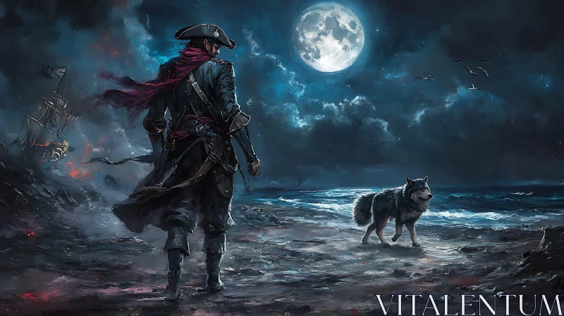 Moonlit Shore with Pirate and Wolf