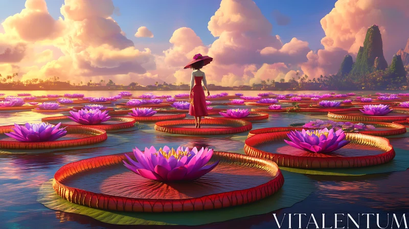 Water Lilies and Woman in Red Dress