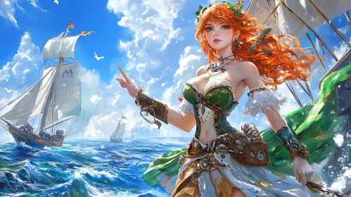 Redhead Woman by the Sea Art