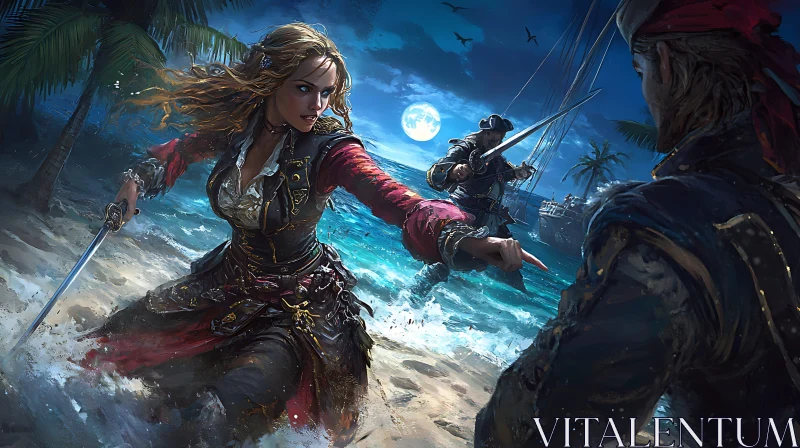 Moonlit Pirate Battle on the Shore