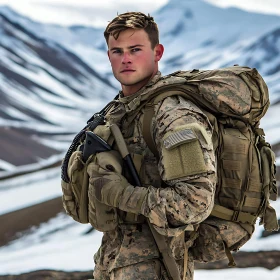 Man in Military Uniform, Mountain Scenery