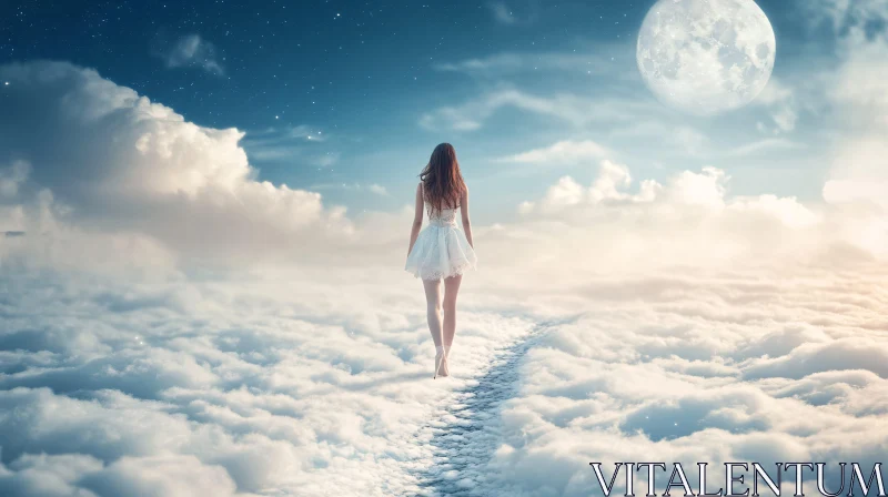 Woman's Ethereal Journey on Cloud Path