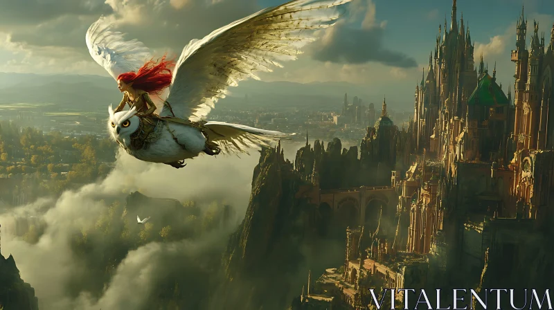 Woman Riding Owl Above Castle Illustration