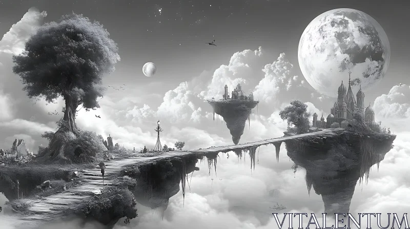 Surreal Floating Castles Under Moonlight